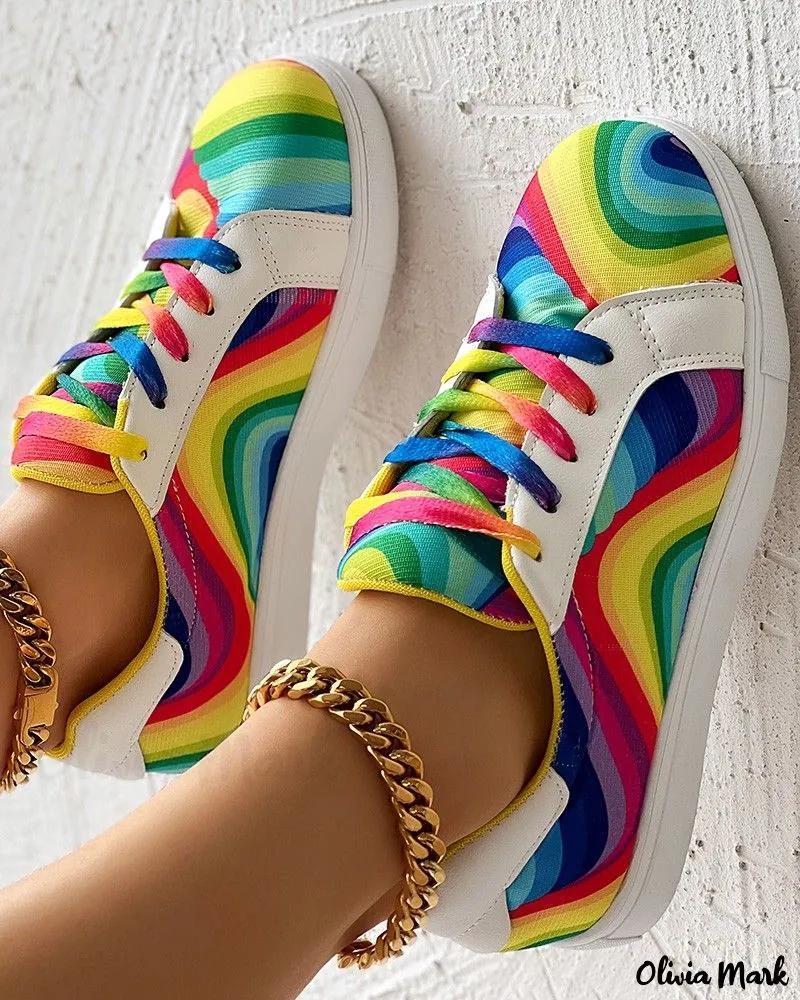 Olivia Mark – Rainbow Lace-up Fashion Sneakers Product Image