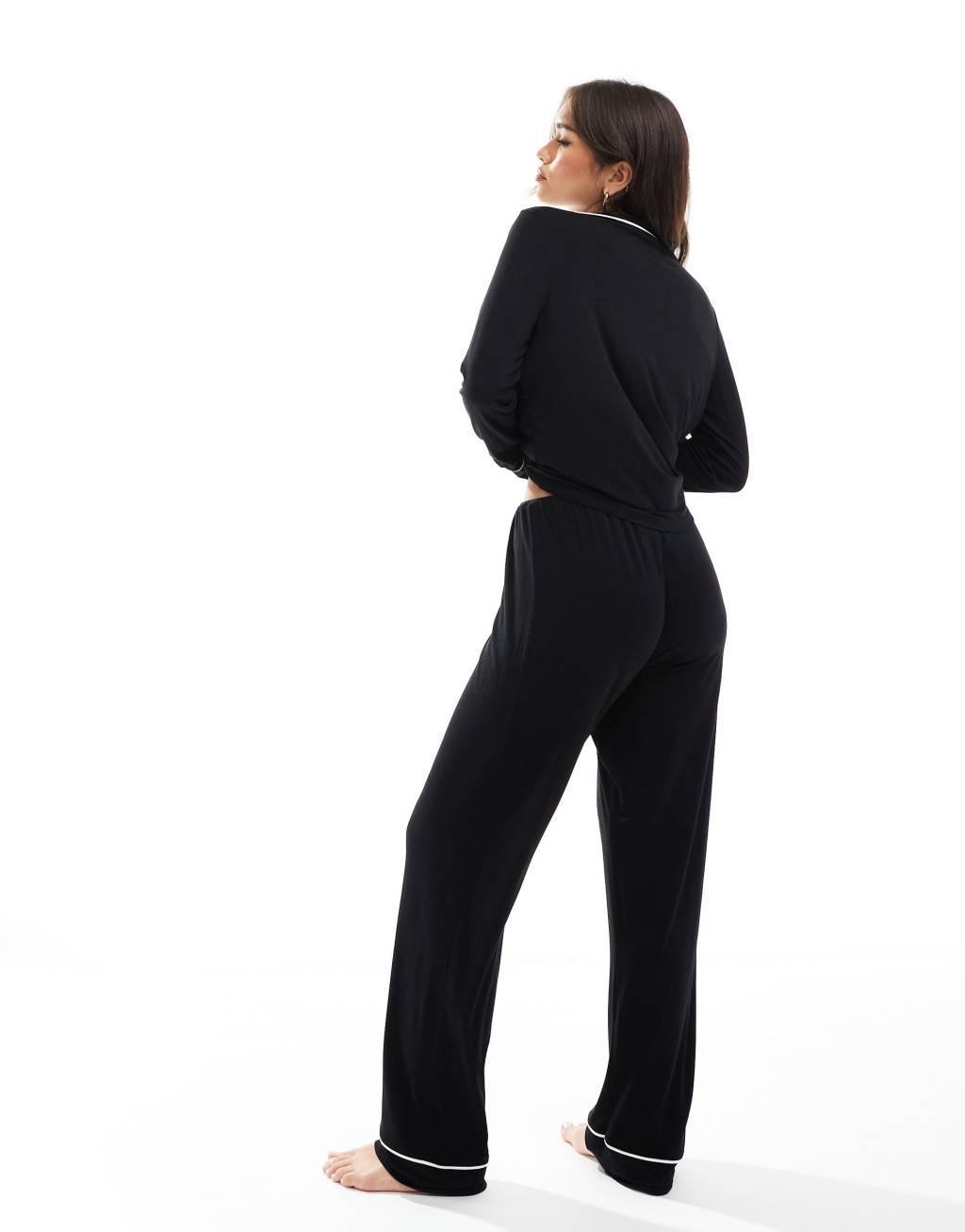 ASOS DESIGN super soft long sleeve shirt & pants pajama set with contrast piping in black Product Image