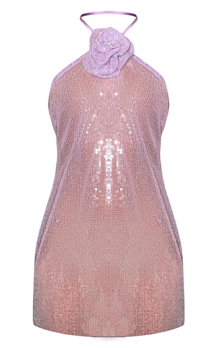 Lilac Sequin Halterneck Rose Applique Shift Dress Product Image