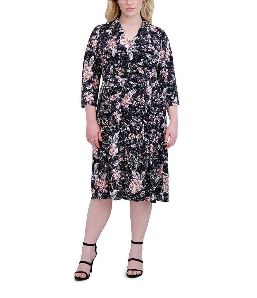 Robbie Bee Plus Size Floral Print 3/4 Sleeve V-Neck Midi Dress Product Image