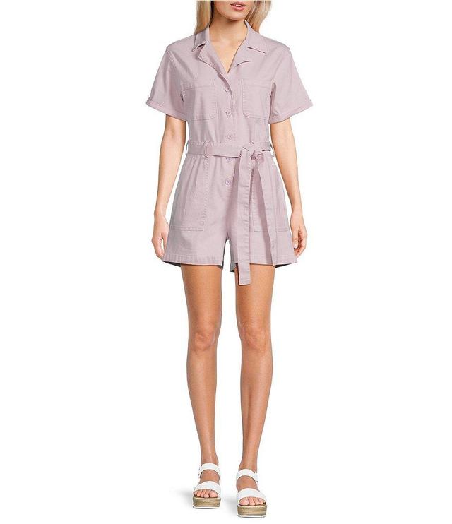 Skies Are Blue Washed Cotton Twill Notch Collar Short Sleeve Button Front Belted Romper Product Image