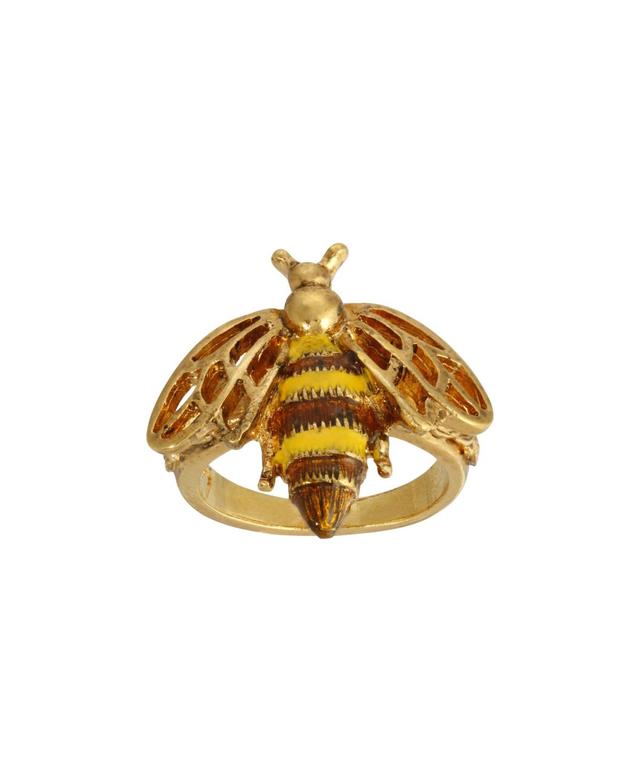 1928 Gold Tone Yellow & Brown Enamel Bee Ring - Size 9, Womens Product Image