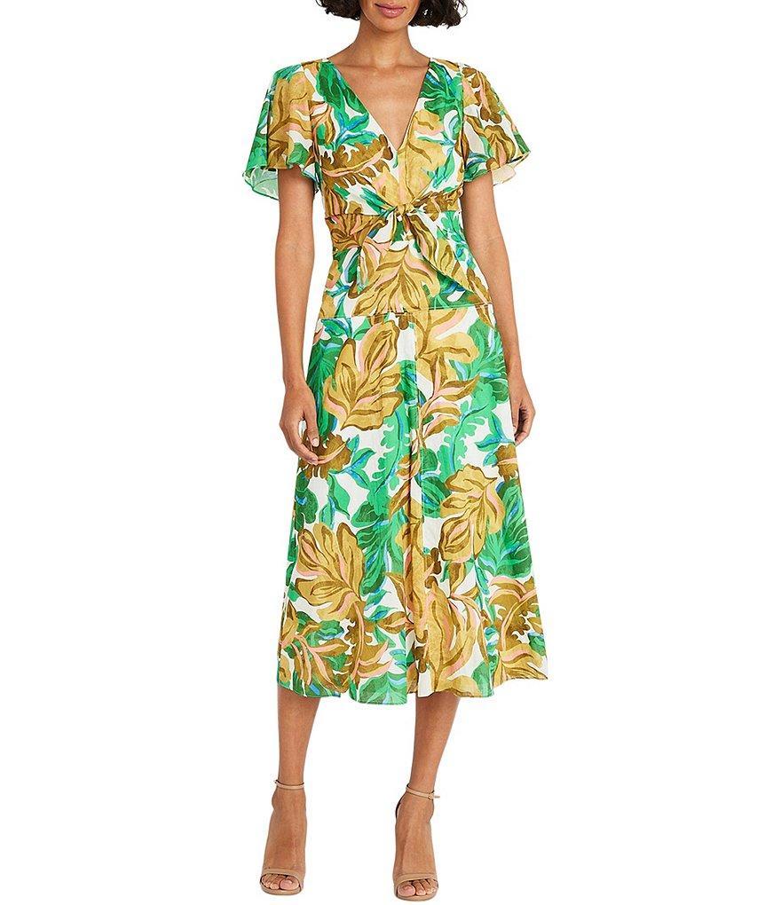 Maggy London Printed Cotton Voile V-Neck Short Sleeve Midi Dress Product Image