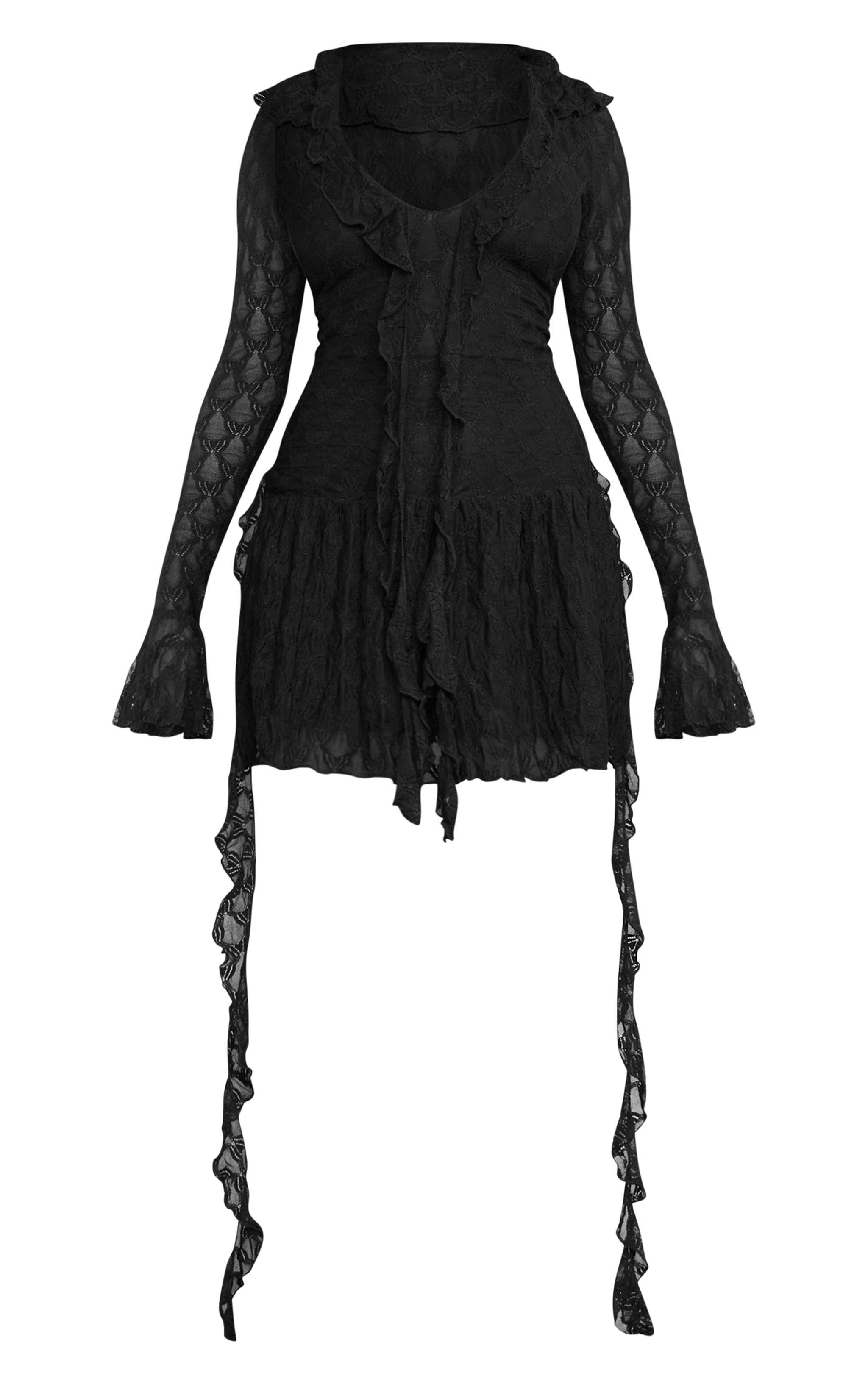 Black Textured Lace Up Frill Drape Shift Dress Product Image