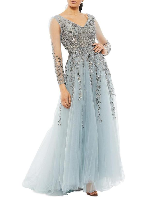 Womens Embellished V Neck Long Sleeve A Line Gown Product Image