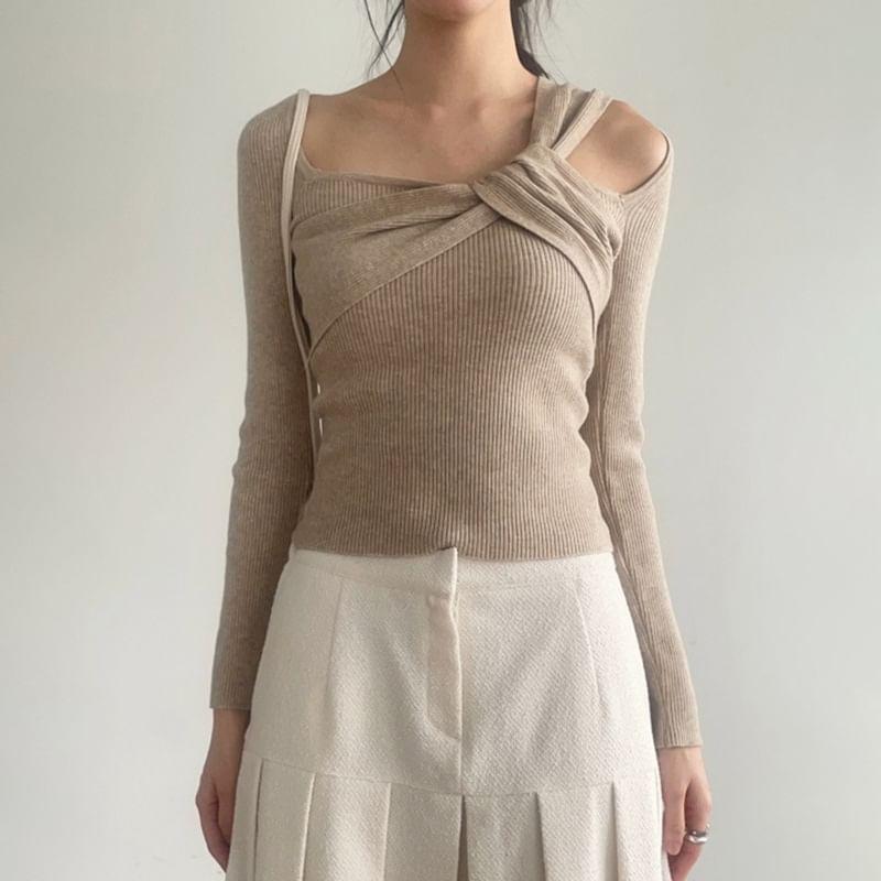 Long Sleeve Asymmetrical Neck Ribbed Knit Top Product Image