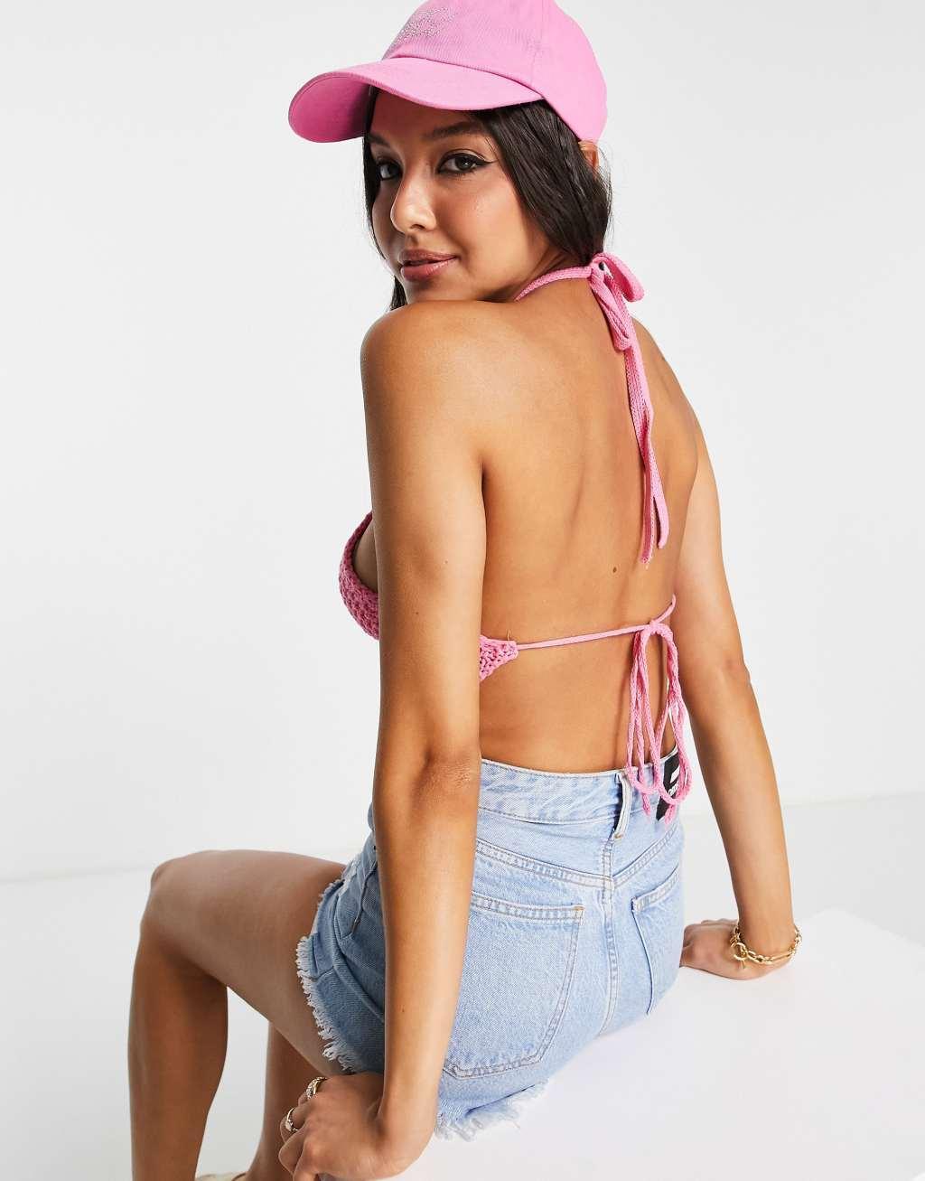 Stradivarius crochet halter top in pink  Product Image