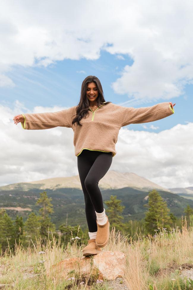 My Go To Taupe and Lime Sherpa Quarter Zip Hooded Pullover FINAL SALE Product Image