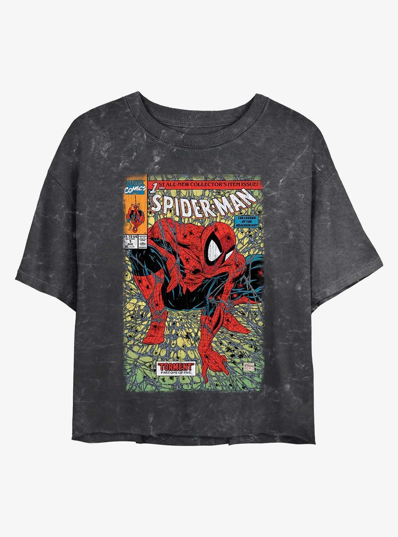 Marvel Spider-Man Spider Comic Mineral Wash Girls Crop T-Shirt Product Image