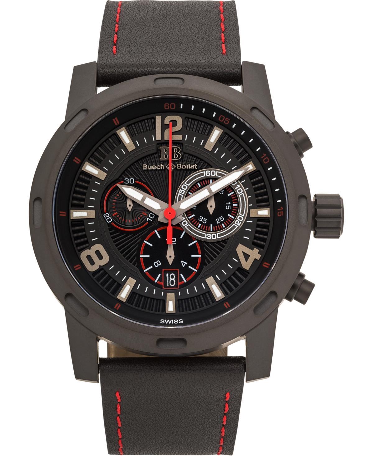 Buech & Boilat Baracchi Mens Chronograph Watch Leather Strap, Black and Red Dial, 46mm Product Image