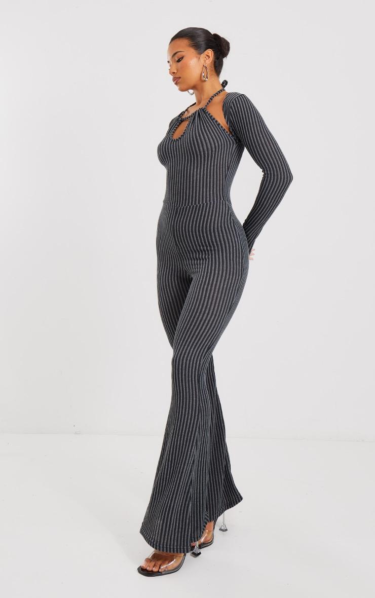 Charcoal Two Tone Halterneck Detail Flare Leg Jumpsuit Product Image