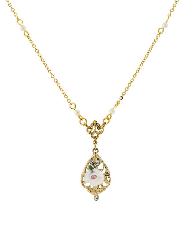 1928 Gold Tone White Porcelain Rose & Crystal Accent Necklace, Womens Product Image