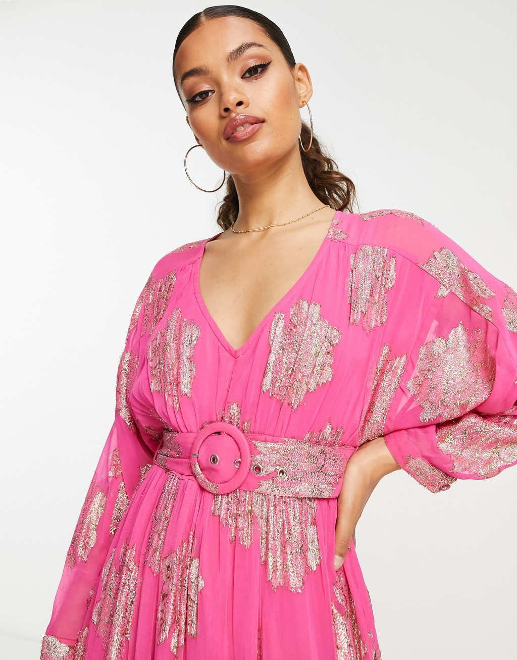 ASOS DESIGN Petite belted batwing maxi tea dress in pink metallic jacquard Product Image