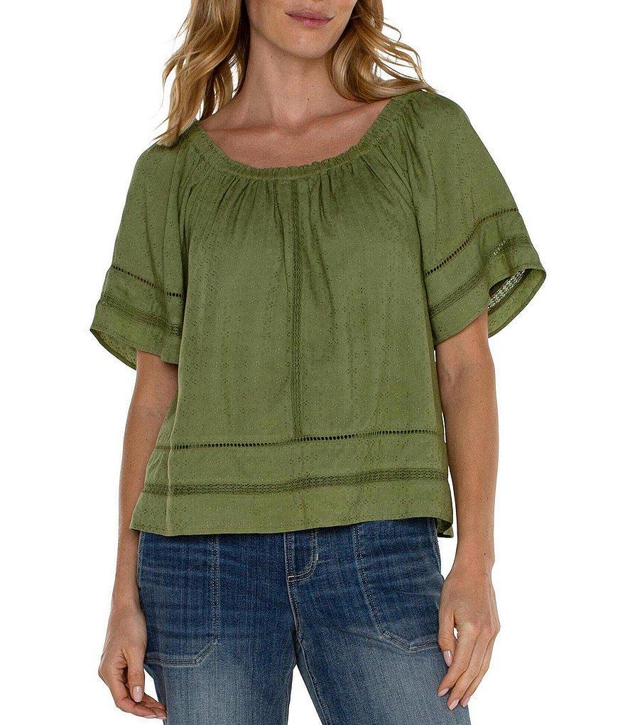 Liverpool Los Angeles Woven Scoop Neck Short Bell Sleeve Lace Trim Top Product Image