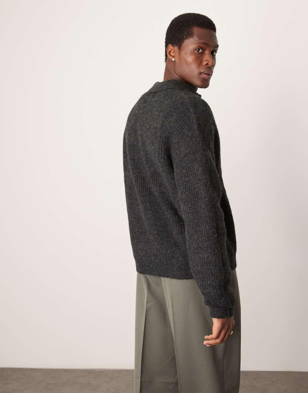 ASOS DESIGN relaxed boxy fit ribbed polo sweater in charcoal gray Product Image