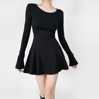 Long Sleeve Round Neck Plain Mini A-Line Dress Product Image