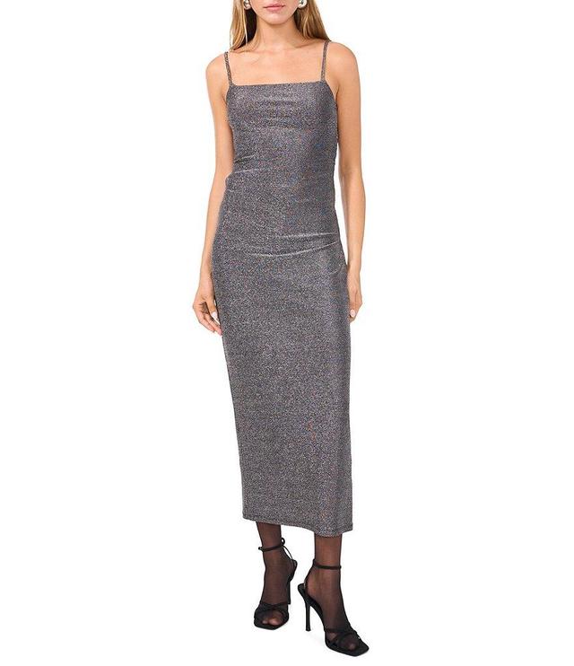 1. STATE Stretch Knit Metallic Square Neck Spaghetti Strap Bodycon Midi Dress Product Image