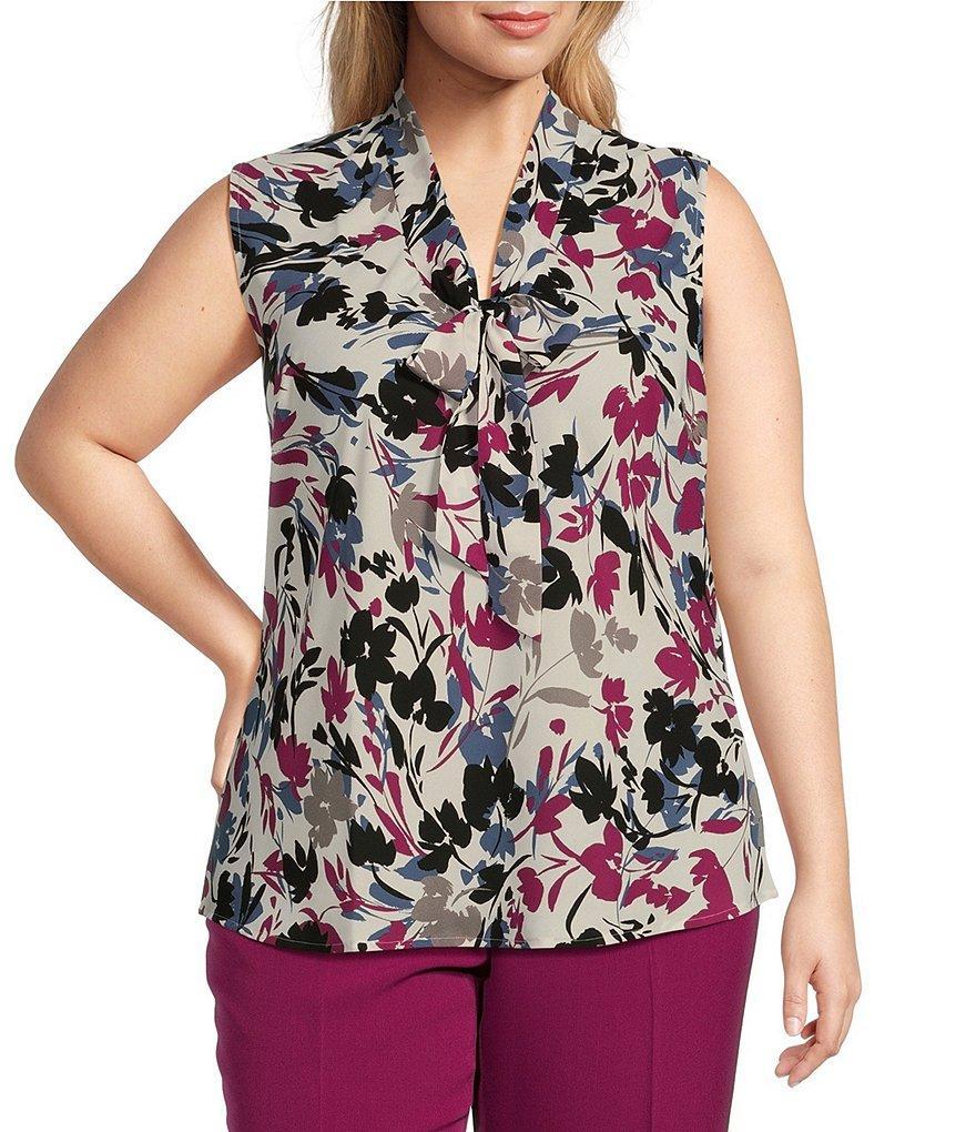 Kasper Plus Size Printed V-Neck Sleeveless Tie Front Blouse Product Image