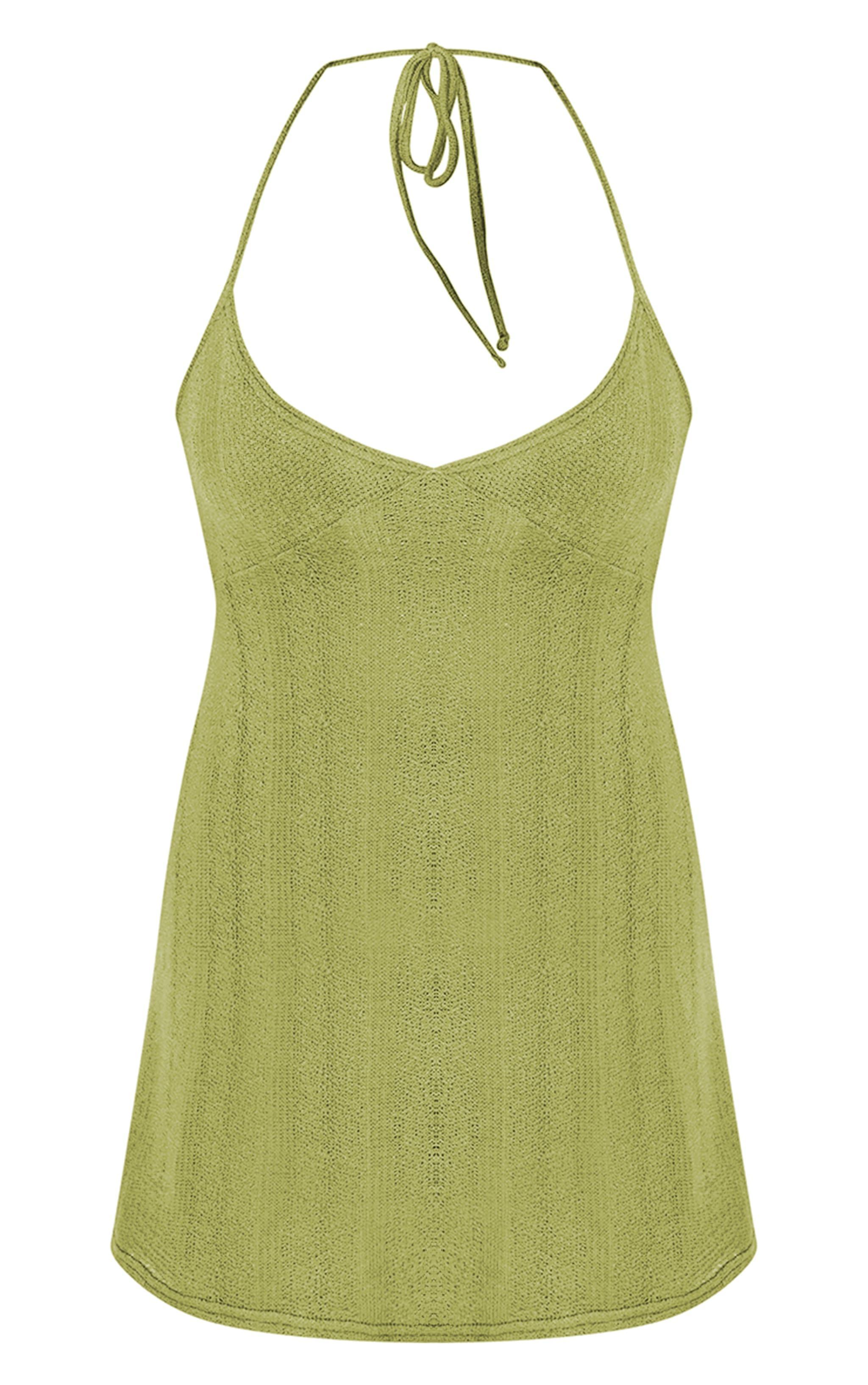 Olive Textured Tie Back Halterneck Shift Dress Product Image