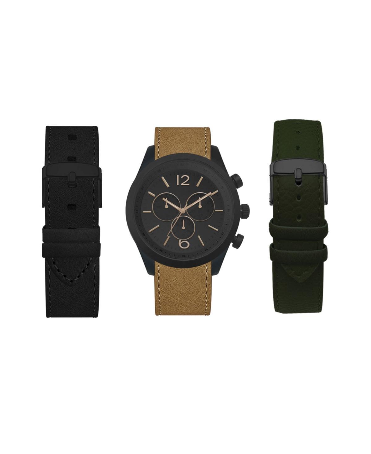 American Exchange Mens Analog Black Strap Watch 44mm with Black, Light Cognac and Olive Camo Interchangeable Straps Set - Black, Cognac Product Image