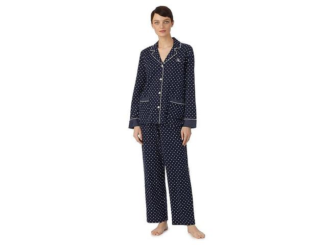 LAUREN Ralph Lauren Long Sleeve Pima Cotton Notch Collar PJ Set (Navy Dot) Women's Pajama Sets Product Image