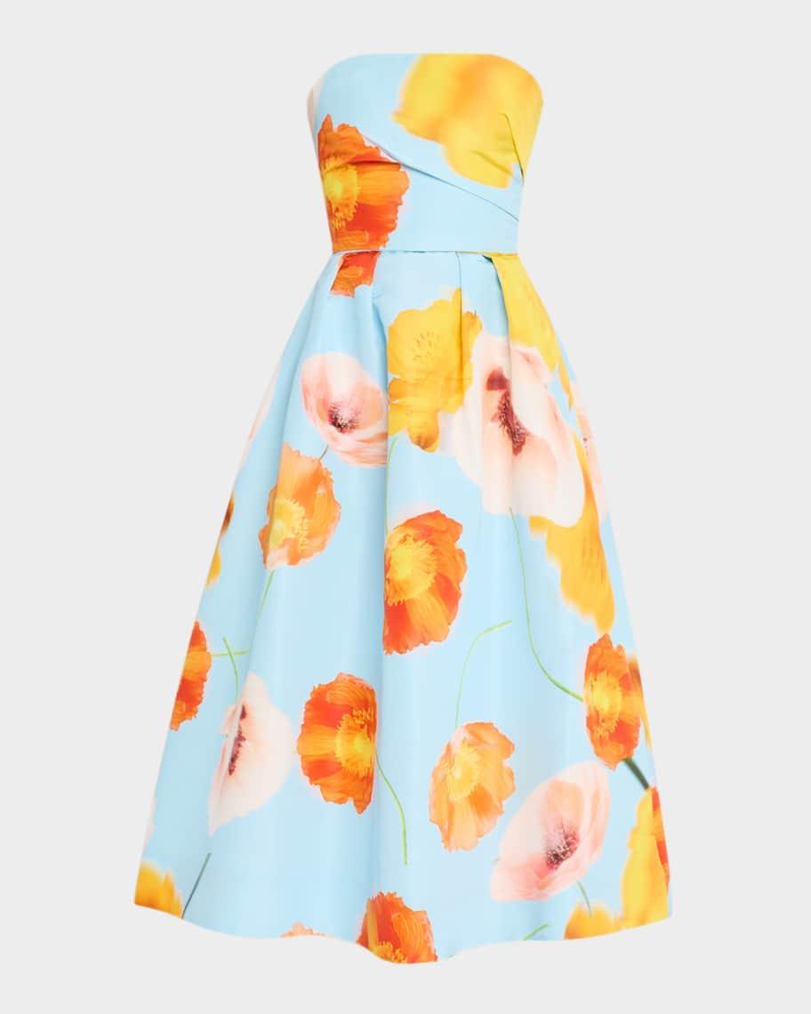 Floating Poppy-Print Strapless Tea-Length Dress Product Image