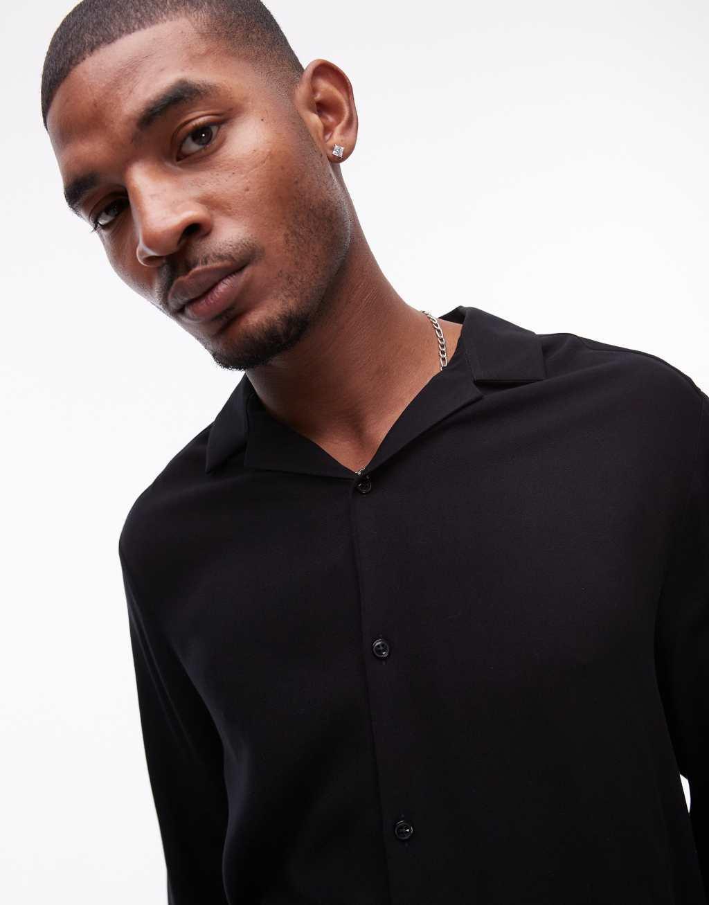 Topman long sleeve viscose shirt in black Product Image