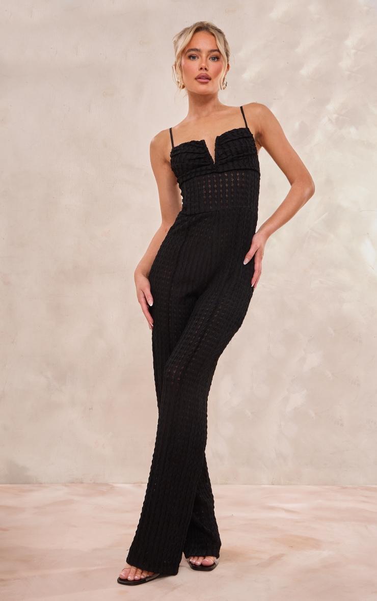 Black Textured V Bar Corset Detail Wide Leg Jumpsuit Product Image