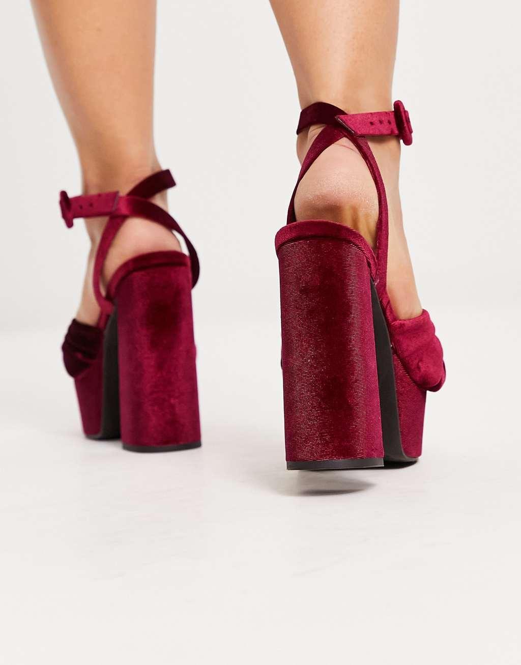 ASOS DESIGN Wide Fit Natia knotted platform heeled sandals in burgundy Product Image