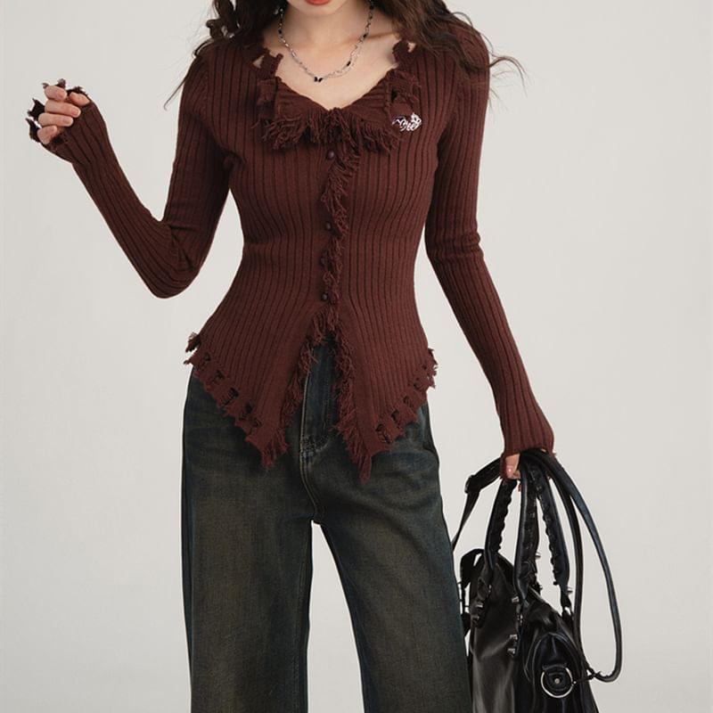 Long-Sleeve V-Neck Frill Trim Plain Knit Top Product Image