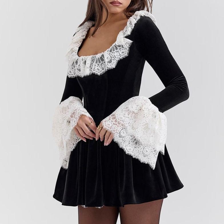 Long-Sleeve Square Neck Lace Panel Mini Dress Product Image