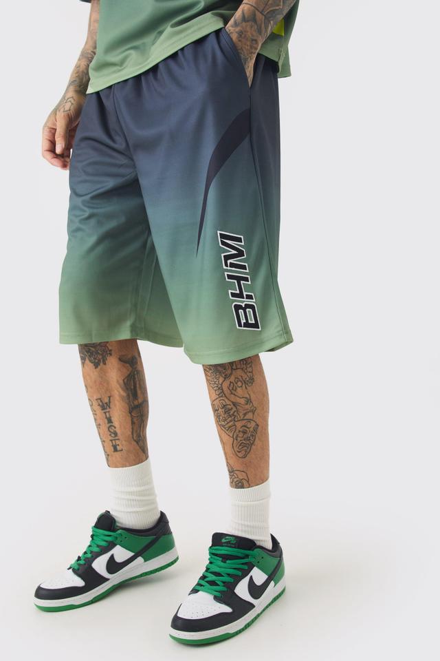 Tall Mesh Basketball Applique Ombre Long Shorts | boohooMAN USA Product Image