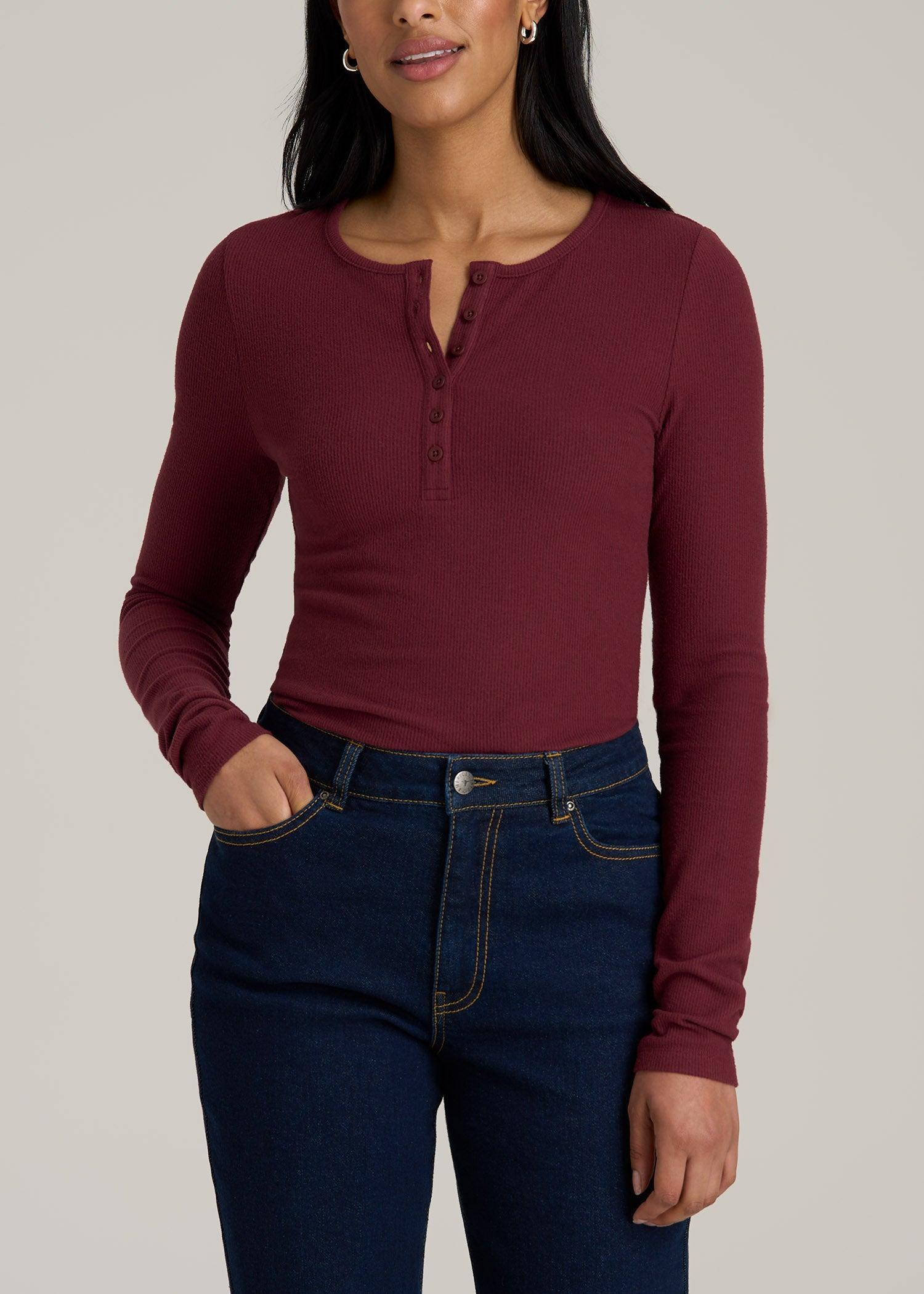 Long Sleeve Ribbed Crewneck Women's Tall Henley Shirt in Red Ochre Product Image