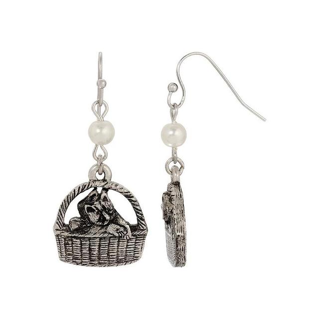 1928 Silver Tone Faux Pearl Cat in a Basket Wire Earrings, Womens, White Product Image