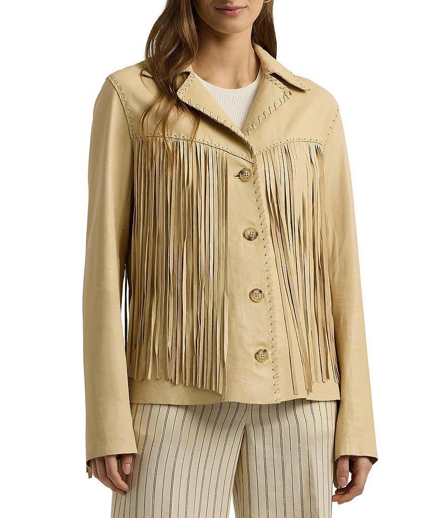 Lauren Ralph Lauren Delora Button Front Fringe Lambskin Leather Jacket Product Image