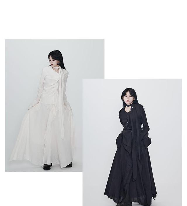 Set: Long-Sleeve Plain Asymmetrical Blouse + Elastic Waist Maxi A-Line Skirt Product Image