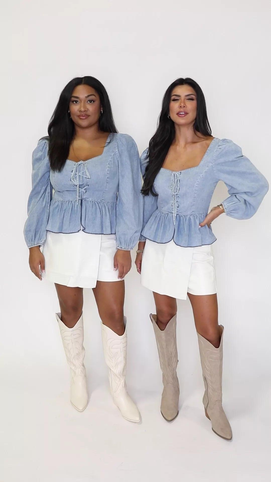 Up To Me Medium Wash Corset Front Chambray Blouse Product Image