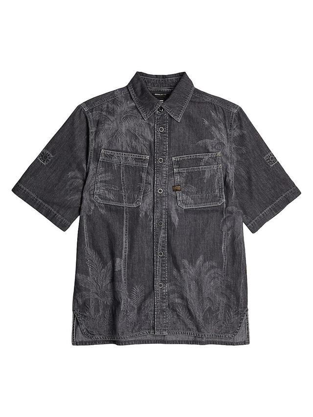 Mens Palm Tree Print Denim Short-Sleeve Shirt Product Image