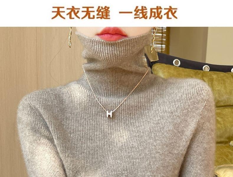 Turtleneck Plain Ribbed Knitted Sweater Product Image