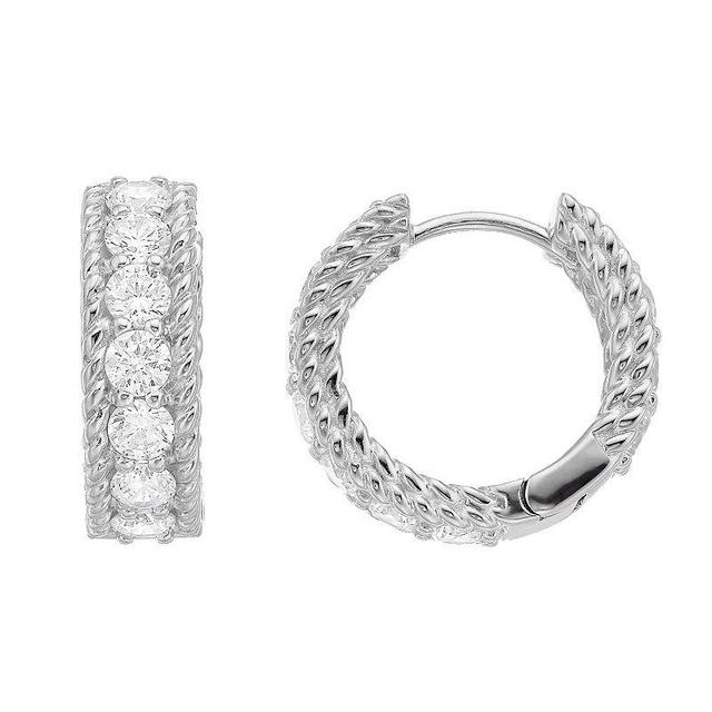 Rosabella Sterling Silver Cubic Zirconia Rope Trim Huggie Hoop Earrings, Womens, White Product Image