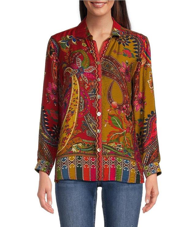 John Mark Petite Size Woven Paisley Multi Print Point Collar Long Roll-Tab Sleeve Top Product Image