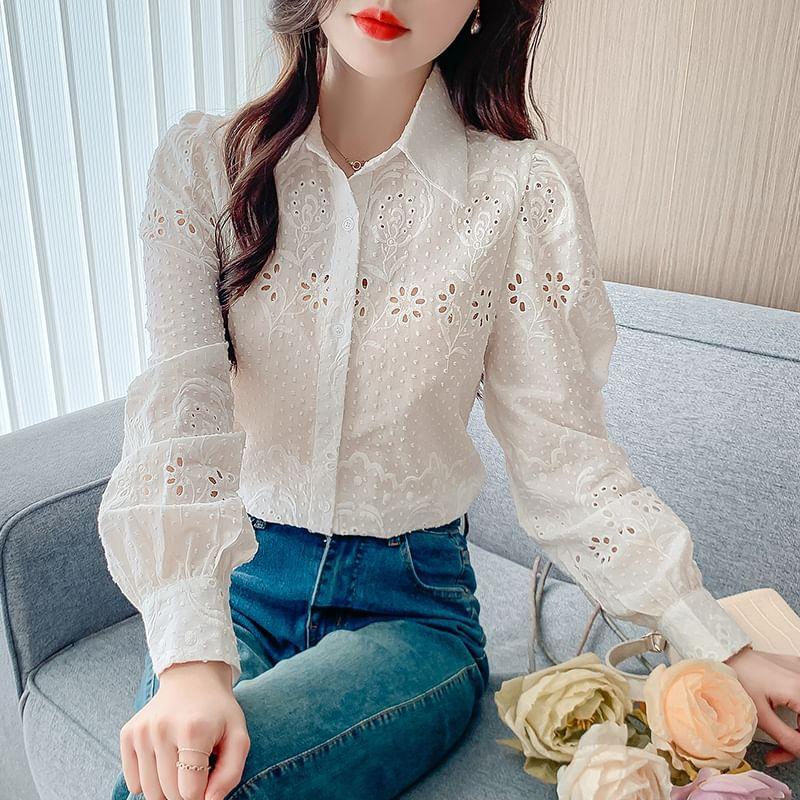 Long Sleeve Collared Plain Embroidered Eyelet Shirt Product Image