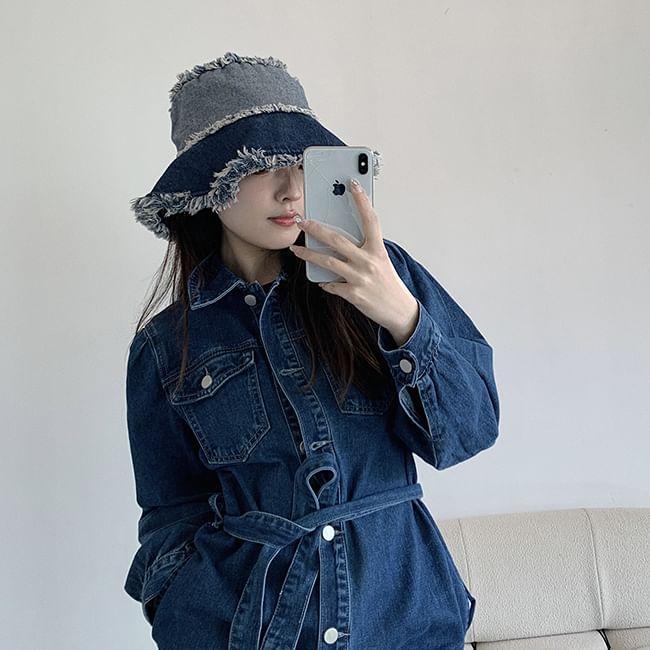 Distressed Washed Denim Bucket Hat Product Image