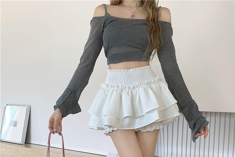 High Waist Plain Ruffled Mini A-Line Layered Skirt Product Image