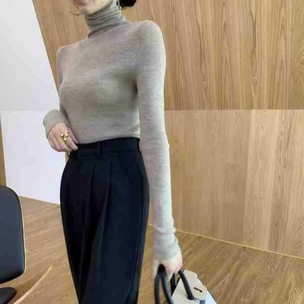 Turtleneck Plain Knit Top in 12 Colors Product Image