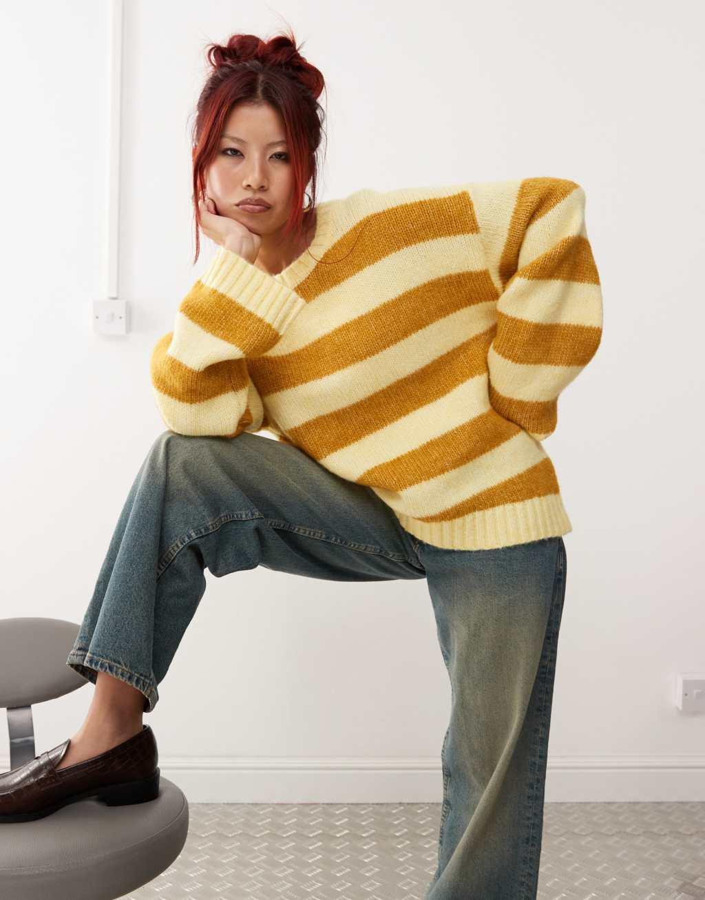 Monki crew neck knit sweater in yellow stripe Product Image