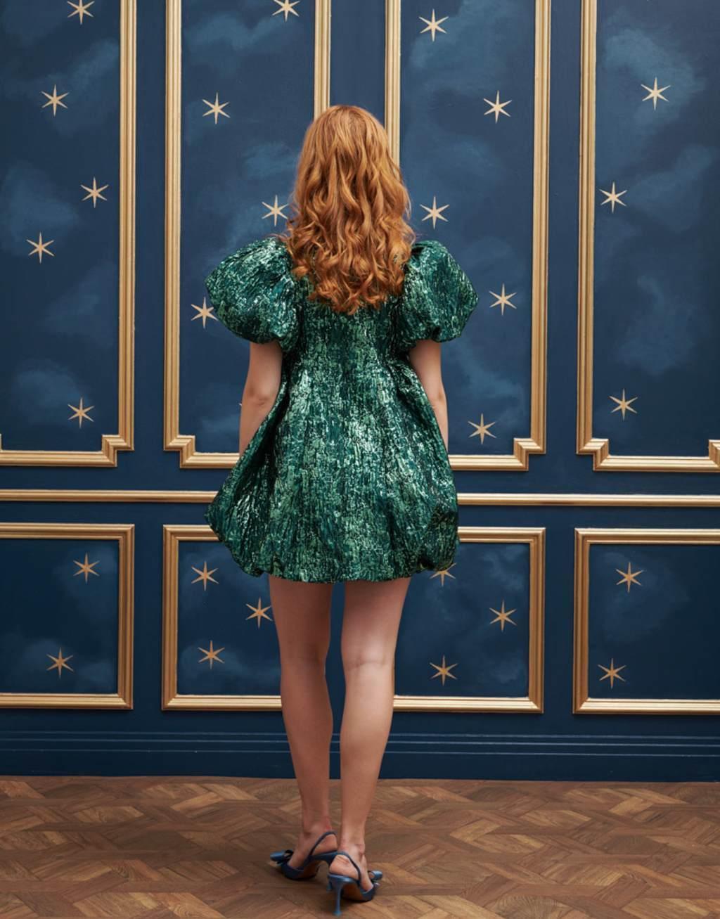 Sister Jane puff sleeve mini jacquard dress in emerald green Product Image