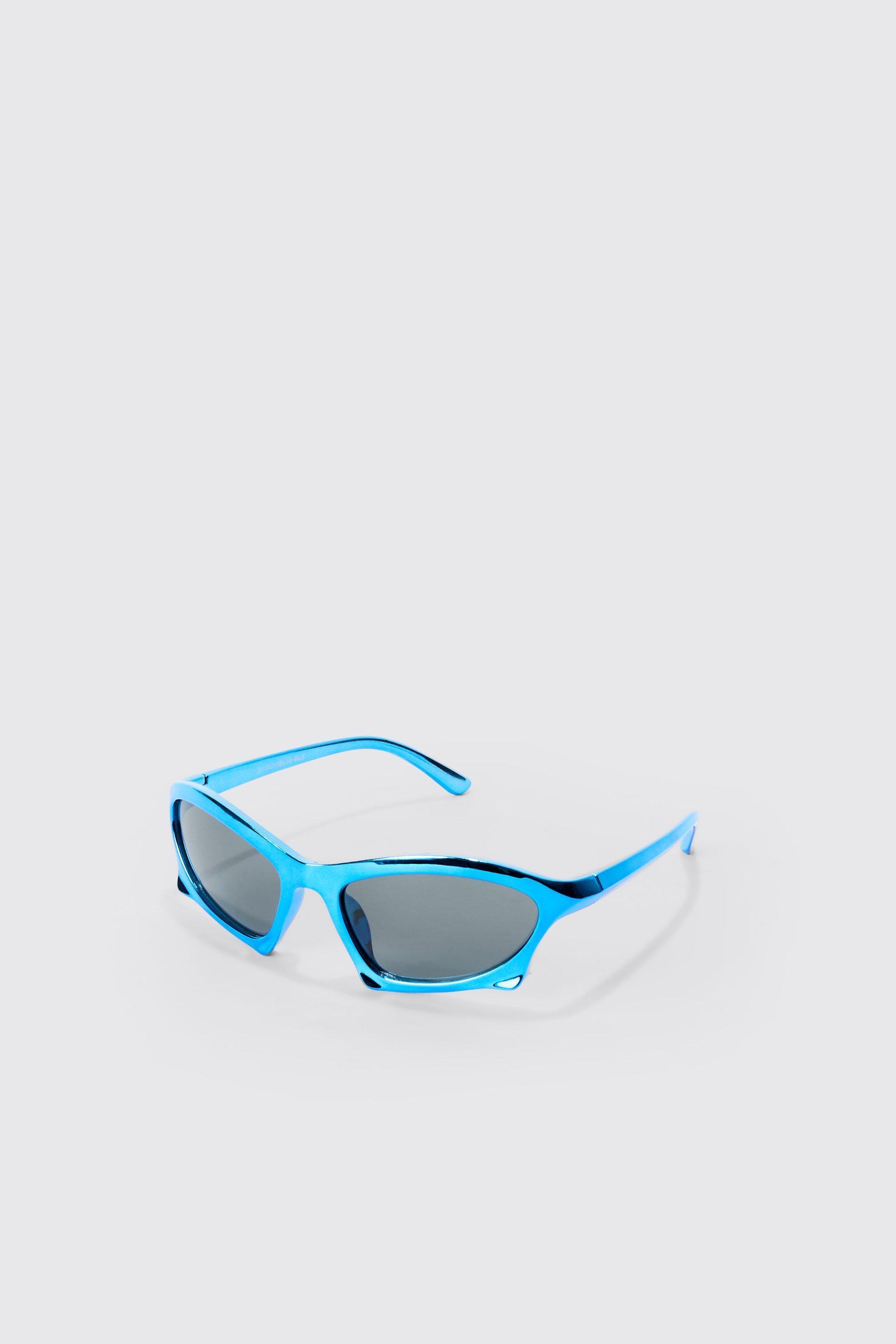 Curved Frame Racer Sunglasses In Cobalt | boohooMAN USA Product Image