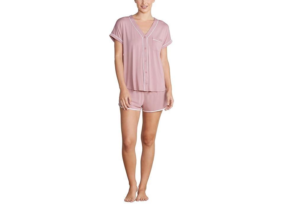 Barefoot Dreams Malibu Collection(r) Soft Jersey Piped Lounge Set (Teaberry/White) Women's Pajama Sets Product Image