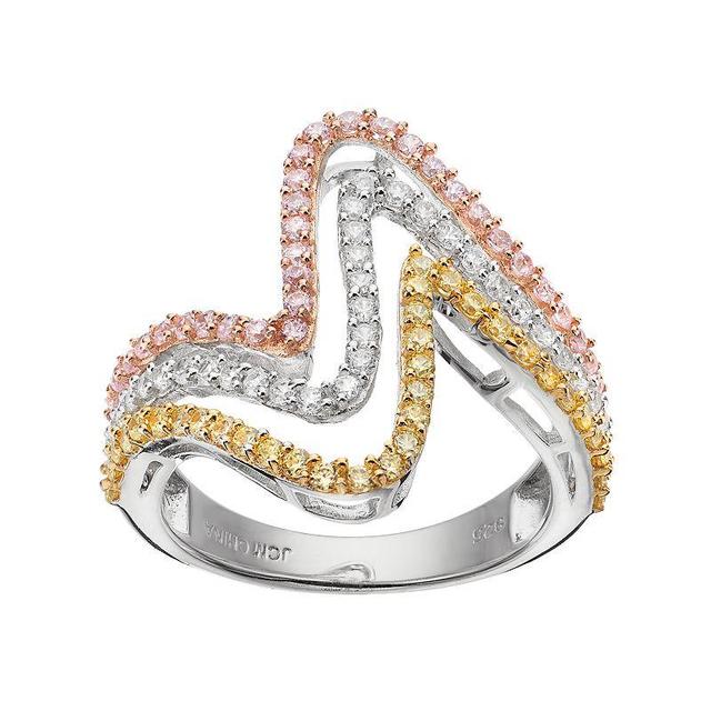 Tri Tone 18k Gold Over Silver Cubic Zirconia Wave Ring, Womens Multicolor Product Image